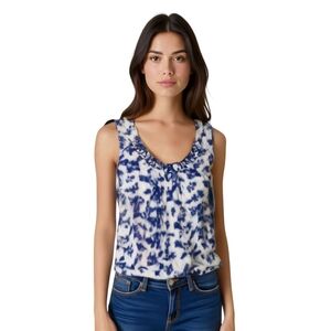 Halogen Silk Blend Sleeveless Blouse Blue Abstract Floral Ruffle Neck Tank Small